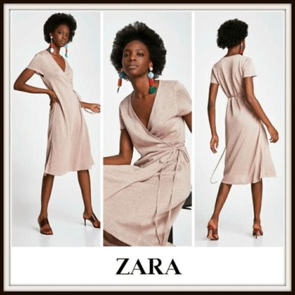 NWOT Zara Crossover Taupe Gold Shimmer Midi Dress - Picture 6 of 11